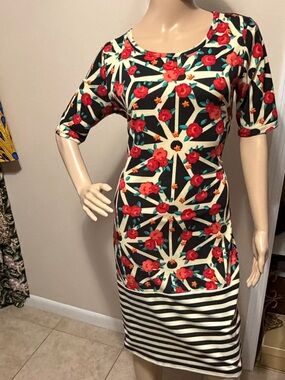 LuLa Roe Julia Floral & Striped Black and Cream Bodycon Dress